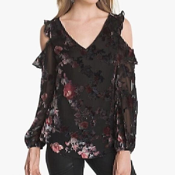 WHBM WHITE HOUSE BLACK MARKET Floral Velvet Burnout Cold Shoulder Blouse PETITE - Picture 1 of 12
